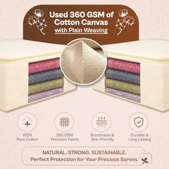 JD FRESH 3 Pcs Cotton Saree Covers/Storage Bags with Zip Cover/Space Saving Bag with Transparent Window/Wardrobe & Cupboard Organizer for Clothes/Bedsheets/Lehengas (16 x 13 x 3 Inch/Off White)