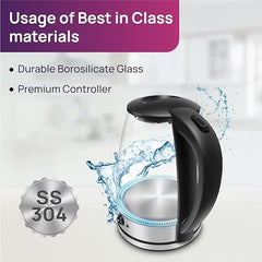 Wipro Elato 1.8 litre Glass LED electric Kettle with Keep warm Function | Auto cut off | Triple Protection - Dry Boil, Steam & Over Heat |Stainless Steel Inner Body | 1500 watts