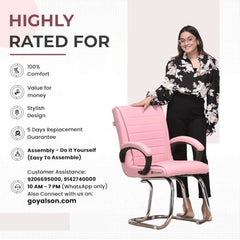 KITHANIA Executive Office Home Study Chair Library Chair with Cushioned Arm Rest & Seat Back, Reception or Conference Room Seating, 100 Kgs Limit (2, Pink, Double Pipe Chrome Frame)