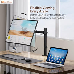 BonKaso Adjustable Single Arm Monitor Stand for Desk | Alloy Steel Durable Mount for 13”-27” Screens | 360° Rotation, Height Adjustable, Cable Management, Space Saving Monitor Arm (Black & White)
