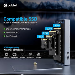 Cablet M.2 NVMe/NGFF SSD Enclosure USB 3.1 Gen2 10Gbps for 2242/2260/2280 M-Key/M+B Key PCIe SSD, Supports Dual Protocol NVMe and NGFF SSD, UASP Max 2TB, Aluminium Case