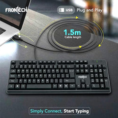 FRONTECH Wired Keyboard | Membrane Keys with Retractable Stands | USB Plug & Play | Ergonomic & Comfortable Design | 1 Year Warranty (FT -1672, Black)