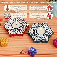 eCraftIndia Wooden Floral Printing Block Decorative Tea Light Candle Holders (Set of 12, Green White) Diwali Christmas Decorations Items for Home Office Christmas Gifts for Women Men Family Friend