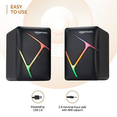 Amazon Basics 2 X 3W Multimedia PC Gaming Speaker with Aux Connectivity, USB Support, Volume Control, and RGB Lights