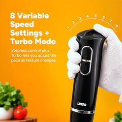 LINSO FULL STACK 1100W India's 1st Anti-Scratch 4-in-1 Hand Blender | 2-Year Warranty | 8 Speeds + Turbo | 860ml Chopper + Egg Whisk + Beaker | SS304 Blade | UK-Based Brand | Pure Copper DC Motor