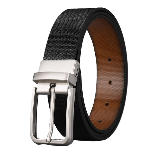 SYGA Men's PU Leather Belt, Casual Grain Pattern, 122 cm Length, 3.3 cm Width (Black + Brown)