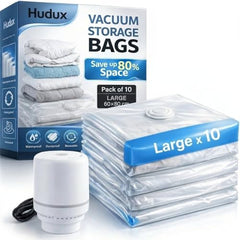 Hudux 10 Pack Large (60×80 cm) Vacuum Compression Zipper Storage Bags With Electric Pump,Compression Storage Space Bags For Travel,For Clothes,Bedding,Pillows,Airtight Reusable Vacuum Bags