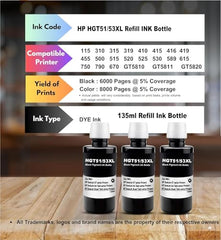 CANOFF GT53Xl for HP Black Pigment Refill Ink Compatible for HP Ink Tank 115, 310, 315, 319, 410, 415, 416, 419, 455, 500, 515, 530, 615, GT 5810, GT 5811, GT 5820 (GT53XL Black 5, 135ml)