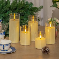 CAVY LED Glass Pillar Candles Light with Acrylic Fiber Glass | Flameless Smokeless Decorative LED Candles Faux Dancing Wicks | Perfect for Diwali Decoration, Home Decor, Gifting, Wedding (Set of 5)
