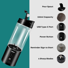 Libra Plastic Portable Blender, USB Rechargeable Blender Juicer with 6 Blades, 530ml Capacity, 4000mAh Battery, 235W Motor, Waterproof Portable Juicer for Travel, Gym & Office (Transparent Black)