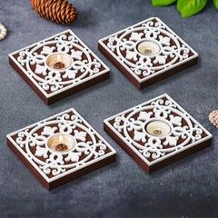eCraftIndia Wooden Floral Printing Block Decorative Tea Light Candle Holders (Set of 12, Green White) Diwali Christmas Decorations Items for Home Office Christmas Gifts for Women Men Family Friend