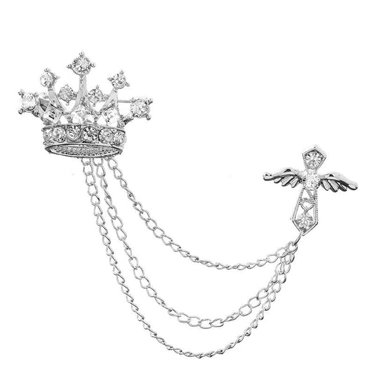SYGA Men's & Women Regal Crown Suit Shirt Stud Lapel Pin Chain Tassel Brooch Pin with Crystal Chain(Silver)