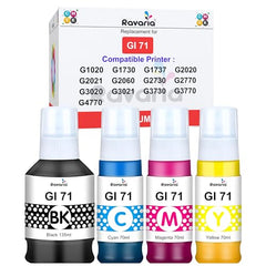 Ravaria Refill Ink for HP GT51XL/53XL GT 52 for HP Ink Tank 115,310,315,319,410,415,416,419,455,500,515,530,589,615,750,790,670,GT5810,GT5811,GT5820(GT51XL + GT52CMY(4 Color Set),Multi-Color Pack)