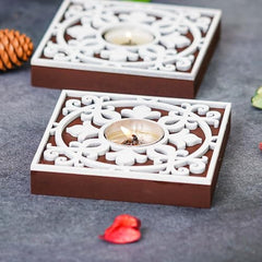 eCraftIndia Wooden Floral Printing Block Decorative Tea Light Candle Holders (Set of 12, Green White) Diwali Christmas Decorations Items for Home Office Christmas Gifts for Women Men Family Friend