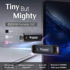 Transcend 310S 512GB USB C & USB A External Portable SSD, Up to 1,050 MB/s, 5 Yr Warranty, Silver, for iPhone 15 pro max, MacBook, Ipad, Laptop and Desktop