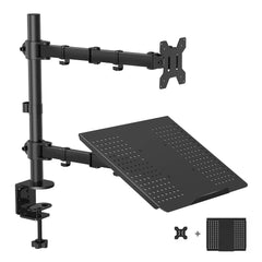 Karomouj Monitor Arm Desk Mount – Ergonomic Dual Monitor Stand with Laptop Tray, Fully Adjustable Heavy-Duty Monitor Mount for Desks, Increases Comfort & Productivity (Black)