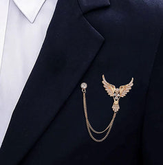 SYGA Men's & Women Suit Shirt Stud Lapel Pin Chain Tassel Brooch Pin with Crystal Chain(Diamond Eagle Gold)