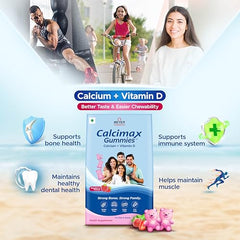 Calcimax Calcium Gummies with Vitamin D for Men Women and Kids Above 5 Years | Sugar Free | Strawberry Flavour | Bone Health Supplement | 60 Gummies