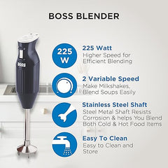 BOSS Stainless Steel B132 Portable Hand Blender 225W - Watt | Variable Speed Control | 3 Years Warranty | Easy To Clean And Store | Isi-Marked, Black