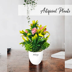 Asharya® Artificial Flower Plants for Home Décor – Set of 4 Mini Potted Plants (7 Inch) in White Pots | Pink, Yellow, Red & Blue Faux Flowers for Living Room, Office, Indoor Outdoor Decoration