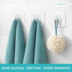 BRAND VILLA Transparent Self Adhesive Wall Hooks, Heavy Duty No Drill Nail Free Sticky Hooks for Kitchen, Bathroom, Keys, Towels & Home Organization (Pack of 10)