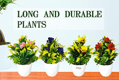 Asharya® Artificial Flower Plants for Home Décor – Set of 4 Mini Potted Plants (7 Inch) in White Pots | Pink, Yellow, Red & Blue Faux Flowers for Living Room, Office, Indoor Outdoor Decoration