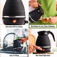 InstaCuppa Foldable Silicone Electric Kettle for Travel, Home & Office, 600 ML, 600 Watts, Fast Boiling, Food Grade Silicone, Collapsible, Portable, Dry Boil Protection, Black