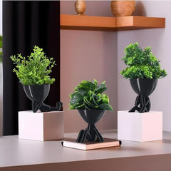 Kuber Industries 3 Pcs Set Plastic Mini Artificial Plants with Pot | Table Top & TV Unit Decorative Items for Living Room | Faux Plants for Home Decor & Office Desk | Man Shape - Black