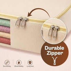 JD FRESH 3 Pcs Cotton Saree Covers/Storage Bags with Zip Cover/Space Saving Bag with Transparent Window/Wardrobe & Cupboard Organizer for Clothes/Bedsheets/Lehengas (16 x 13 x 3 Inch/Off White)