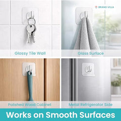 BRAND VILLA Transparent Self Adhesive Wall Hooks, Heavy Duty No Drill Nail Free Sticky Hooks for Kitchen, Bathroom, Keys, Towels & Home Organization (Pack of 10)