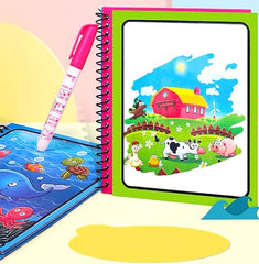 GLUN® Pack of 12 Children's Cartoon Water Magic Painting Book with Water-Based Marker, Different Magical Scenes