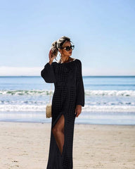 MOMISY Women's Crochet Summer Beach Dress Long Sleeve Square Neck Floral Lace Hollow Bikini Cover Up Cardigan Beachwear Dress - Black
