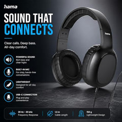 Hama Fun C USB-C Wired On-Ear Headphones with Microphone | 40mm Drivers, In-Line Remote, Adjustable Headband, Stereo Sound for Smartphones, Calls & Music, Black 5 Years Warranty