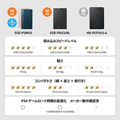 BUFFALO SSD-PG1.9U3-B/NL USB 3.1Gen1 Portable SSD, 1.9 TB, Made in Japan, PS5/PS4 (Manufacturer's Operation Confirmed), Shock Resistant, Connector Protection Mechanism