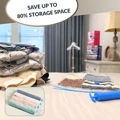 25 Pack Vacuum Storage Bags, Compression Space Saver Bags for Comforters, Blankets and Clothes, Durable Seal, Puncture Resistant, Safe Poly Material, Preserves and Protects, Hand Pump Included