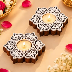eCraftIndia Wooden Floral Printing Block Decorative Tea Light Candle Holders (Set of 12, Green White) Diwali Christmas Decorations Items for Home Office Christmas Gifts for Women Men Family Friend