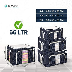 FLYNGO Foldable Steel Frame Clothes Organizer Storage Box For Wardrobe, Saree, Shirts, And Blankets (66 Ltr - Pack Of 2, Oxford Fabric), Blue
