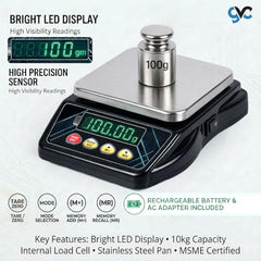 High Precision Digital Kitchen Weighing Scale 10kg Capacity with LED Display | Stainless Steel Platform | Rechargeable Battery & Adapter | Food, Baking & Meal Prep Scale