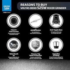 Voltas Beko, A Tata Product Powerfull 500 W Mixer Grinder with GrindX Technology (G5003HP-WH | 3 Jars | White)