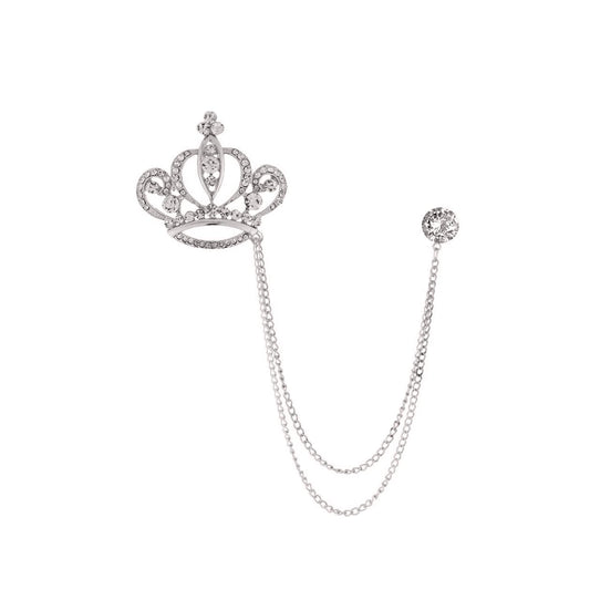 SYGA Luxury Crown Style Brooch for Men's & Women Suit Shirt Stud Brooch Lapel Pin Brooch Pin Chain Tassel Brooch Pin with Crystal Chain(silver heart crown)