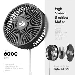 Zebronics Heat Buster 300, Portable Desk Fan, Upto 13h Backup, 3600mAh Rechargeable Battery, 360° Rotatable fan, 4 Speed + 1 Breeze Mode, Wall-Mountable, for Travel, Office, Home (Black)