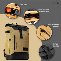 TRIPOLE Tusker Roller Top Laptop Backpack for Daily Use and Travelling | Water-repellent fabric, Anti Theft Pockets and Expandable size (Khaki)