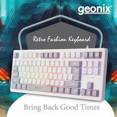 GEONIX Vintage KB4 Retro Style Chiclet Style Keyboard with 87 Keys, Rainbow Backlight, PVC Cable, Durable Body, Compact & Slim Design (White Grey)