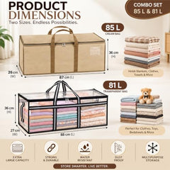 Storite Jumbo Super-Size 81 L Canvas Moisture Proof Heavy Duty Storage Bag | for Toys/Stationery/Blankets/Clothes/Moving Bags MultiPurpose With Strong Reinforced Handles Rectangular Cream (87x26x36 cm)