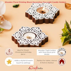 eCraftIndia Wooden Floral Printing Block Decorative Tea Light Candle Holders (Set of 12, Green White) Diwali Christmas Decorations Items for Home Office Christmas Gifts for Women Men Family Friend
