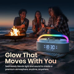 Portronics String 16W HD Sound Bluetooth Speaker with 15W Wireless Charging, RGB LED Lights, Digital Clock with Alarm Setting, Built-in White Noise, USB/SD Card/AUX in, Type C Charging(White)
