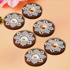 eCraftIndia Wooden Floral Printing Block Decorative Tea Light Candle Holders (Set of 12, Green White) Diwali Christmas Decorations Items for Home Office Christmas Gifts for Women Men Family Friend