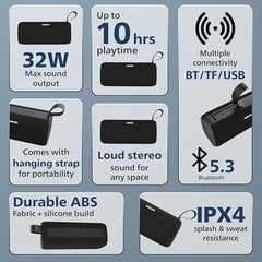 PHILIPS Audio TAS2400BK Portable Bluetooth Speaker with Stereo Sound, 32W RMS, 2400mAh Rechargeable Battery, BT v5.3 Connectivity, IPX4 Waterproof, Supports TF/USB/BT Modes with Hanging Strap (Black)