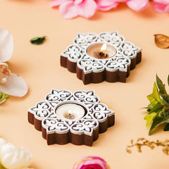 eCraftIndia Wooden Floral Printing Block Decorative Tea Light Candle Holders (Set of 12, Green White) Diwali Christmas Decorations Items for Home Office Christmas Gifts for Women Men Family Friend