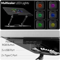 Zebronics NS5500 Rotatable Laptop Cooling Stand, Up to 17-Inch, 360° Rotation, Metal Body, USB Powered Cooling, LED Lights, 3 USB, 2 Type-C Ports, Multi-Angle, Foldable, 5kg Capacity,Anti Rust (Black)